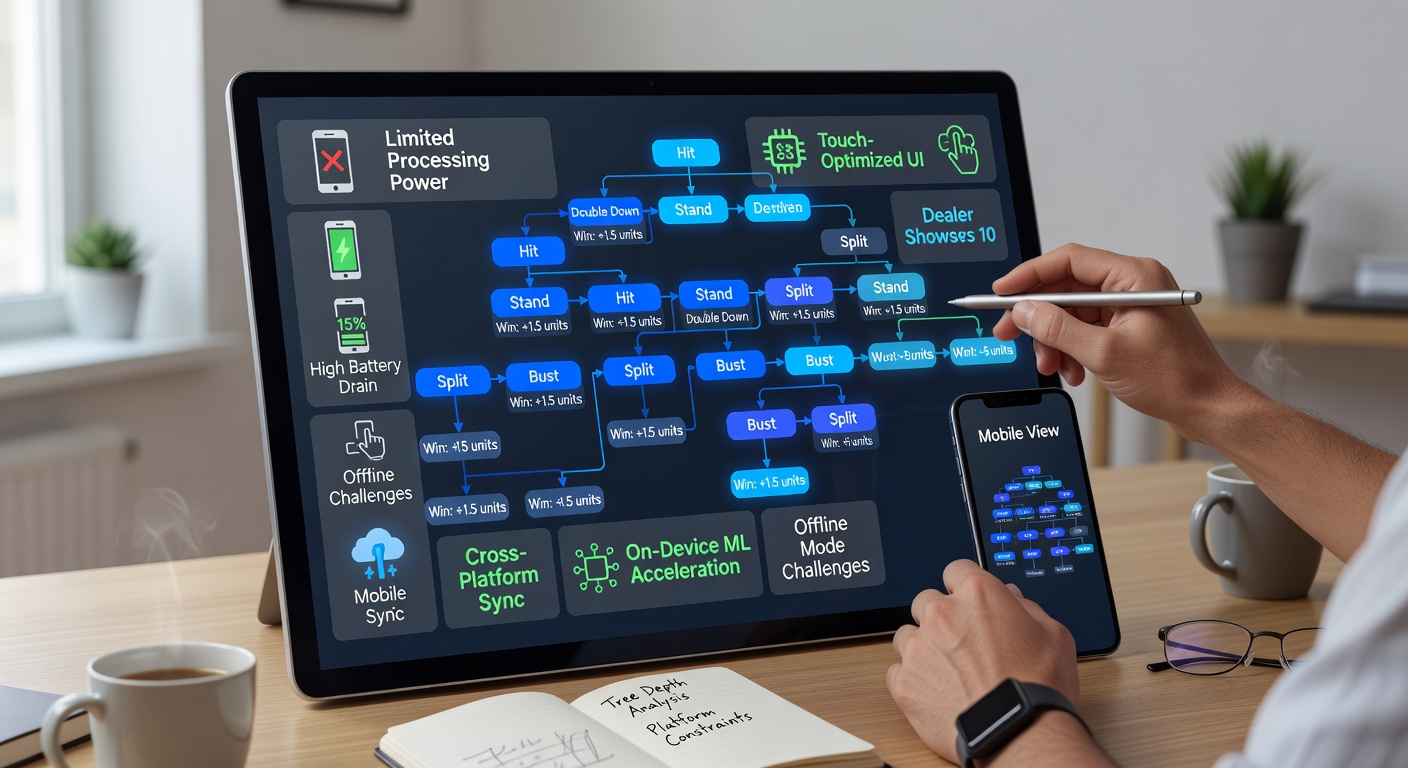 Blackjack decision tree visualization on a mobile device screen showing strategy paths and player choices