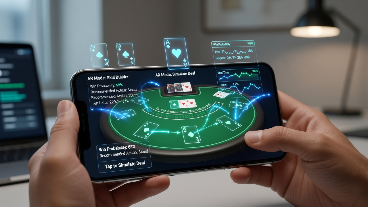 Augmented reality overlay on a smartphone blackjack interface showing card counting aids