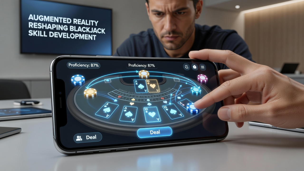 Smartphone screen displaying AR-enhanced blackjack training session with real-time strategy suggestions