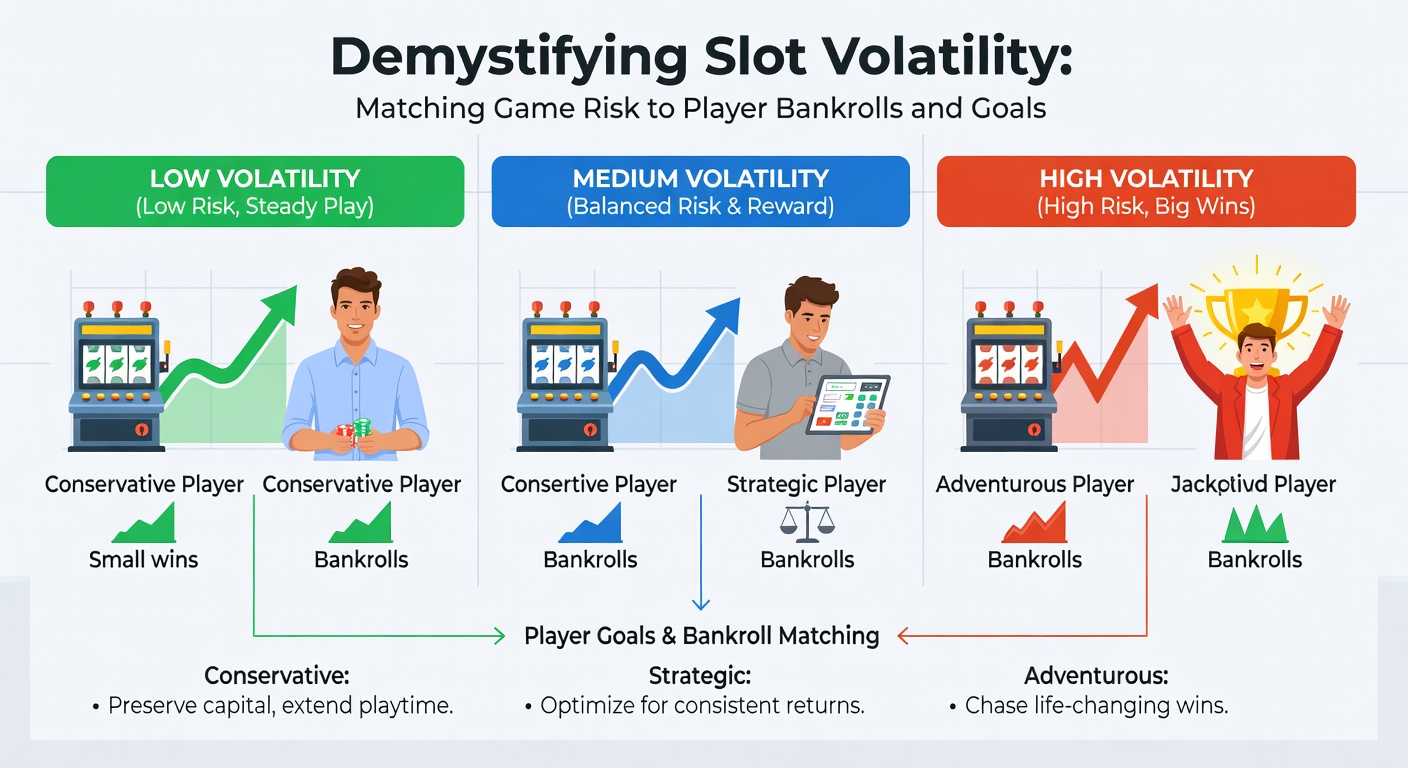 Player at a slot machine reviewing paytable, highlighting low and high volatility payout structures