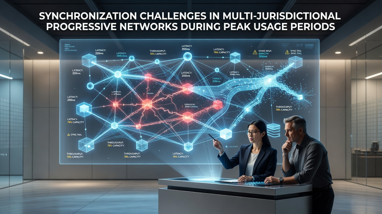 Network diagram illustrating real-time data flows across state and international borders in progressive jackpot systems