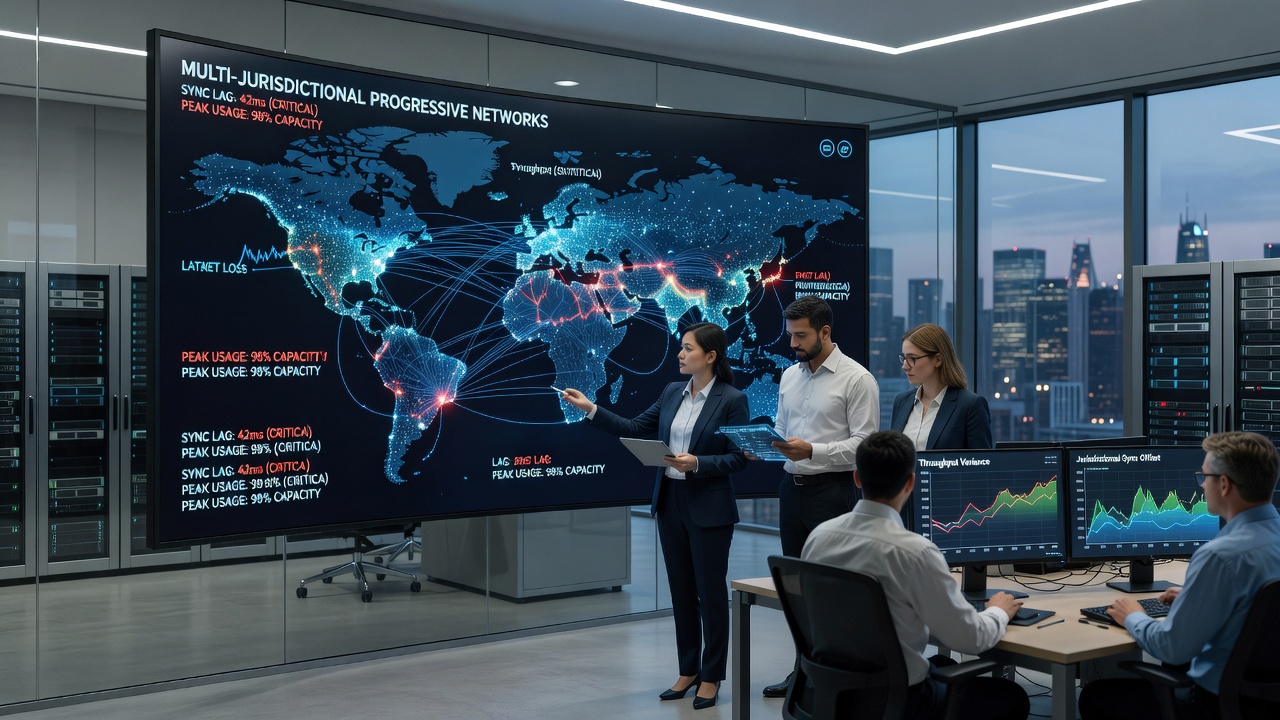 Server room view highlighting redundant communication paths used to maintain progressive jackpot accuracy across regions