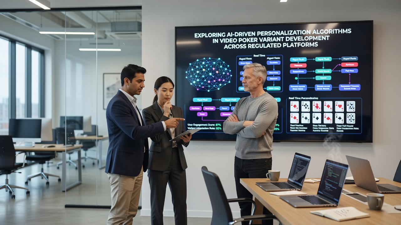 Developers reviewing AI-generated video poker variant metrics on a secure dashboard