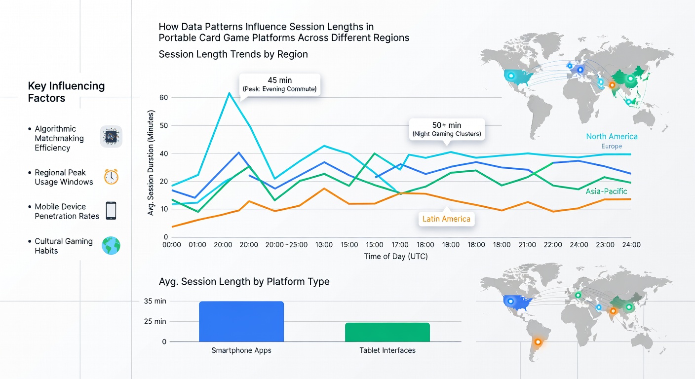 Analytics dashboard illustrating mobile card game session metrics segmented by region and time