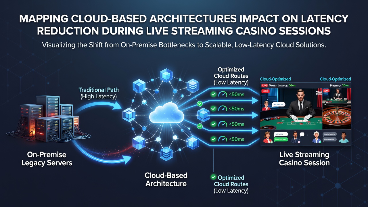Live streaming casino interface with overlaid network latency metrics across global regions